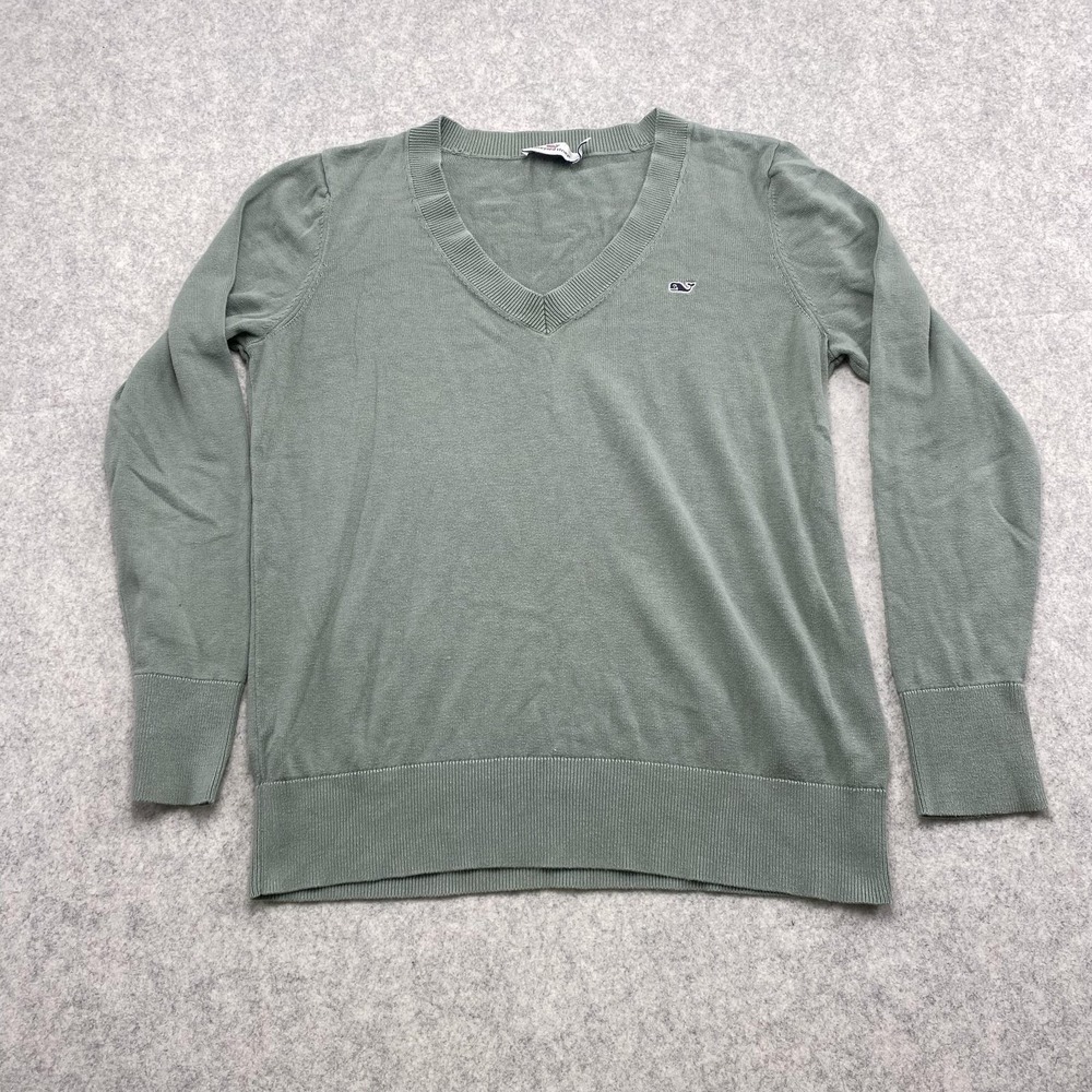 Vineyard Vines Sweater Womens Small Green Cotton V Neck Pullover Knit Logo